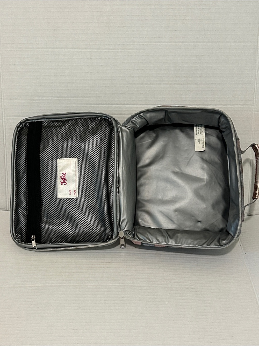 Justice ‘A’ Glitter Gray Backpack & Lunchbox Set with Rose Gold Polka Dots - Picture 9 of 16